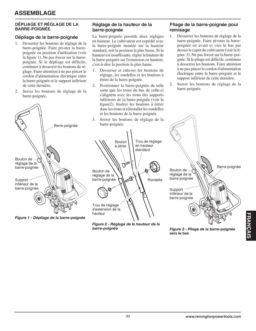 Remington Power Tools 109312-01 owner manual Assemblage, Dépliage ET Réglage DE LA BARRE-POIGNÉE 