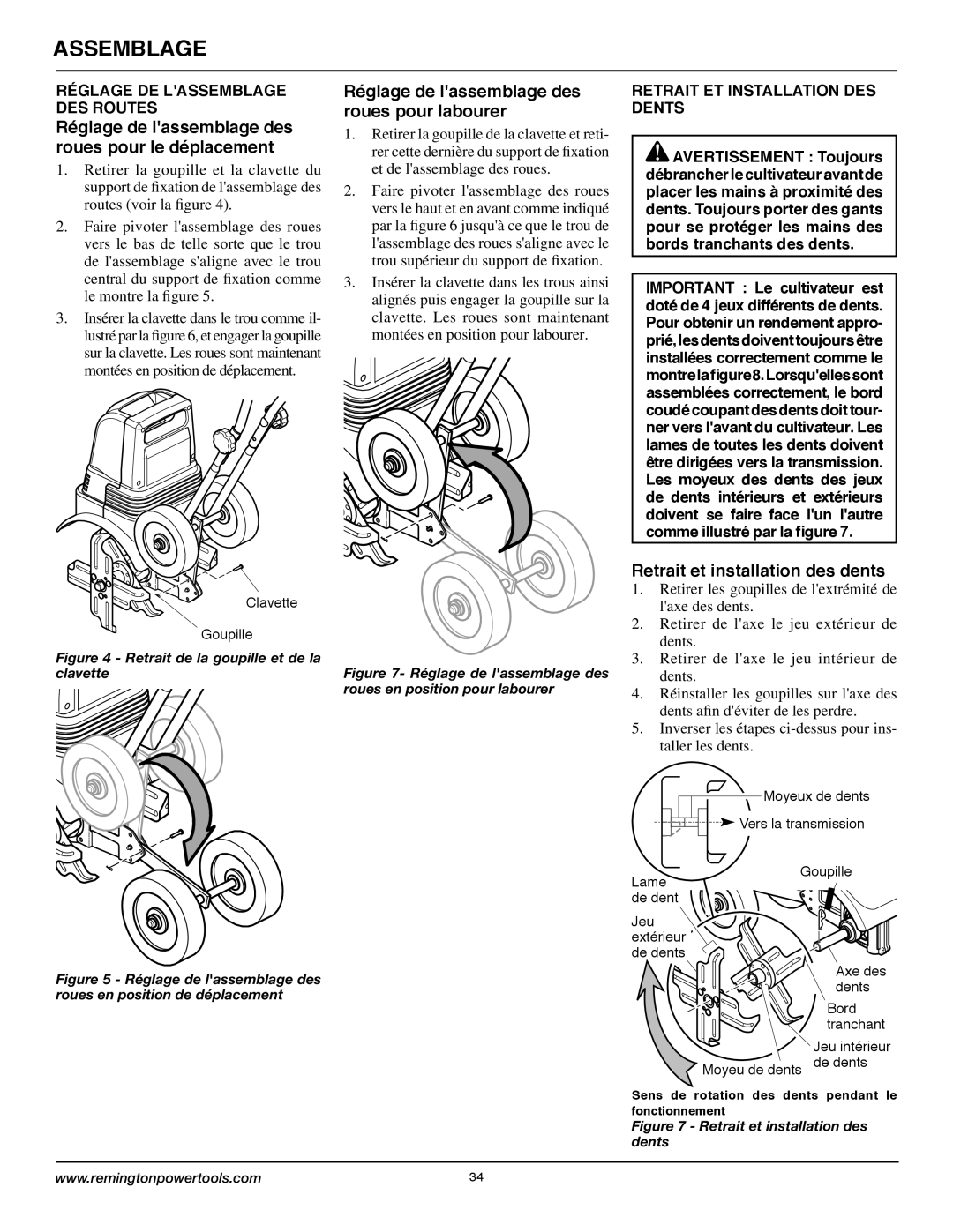 Remington Power Tools 109312-01 owner manual Réglage DE Lassemblage DES Routes, Retrait ET Installation DES Dents 