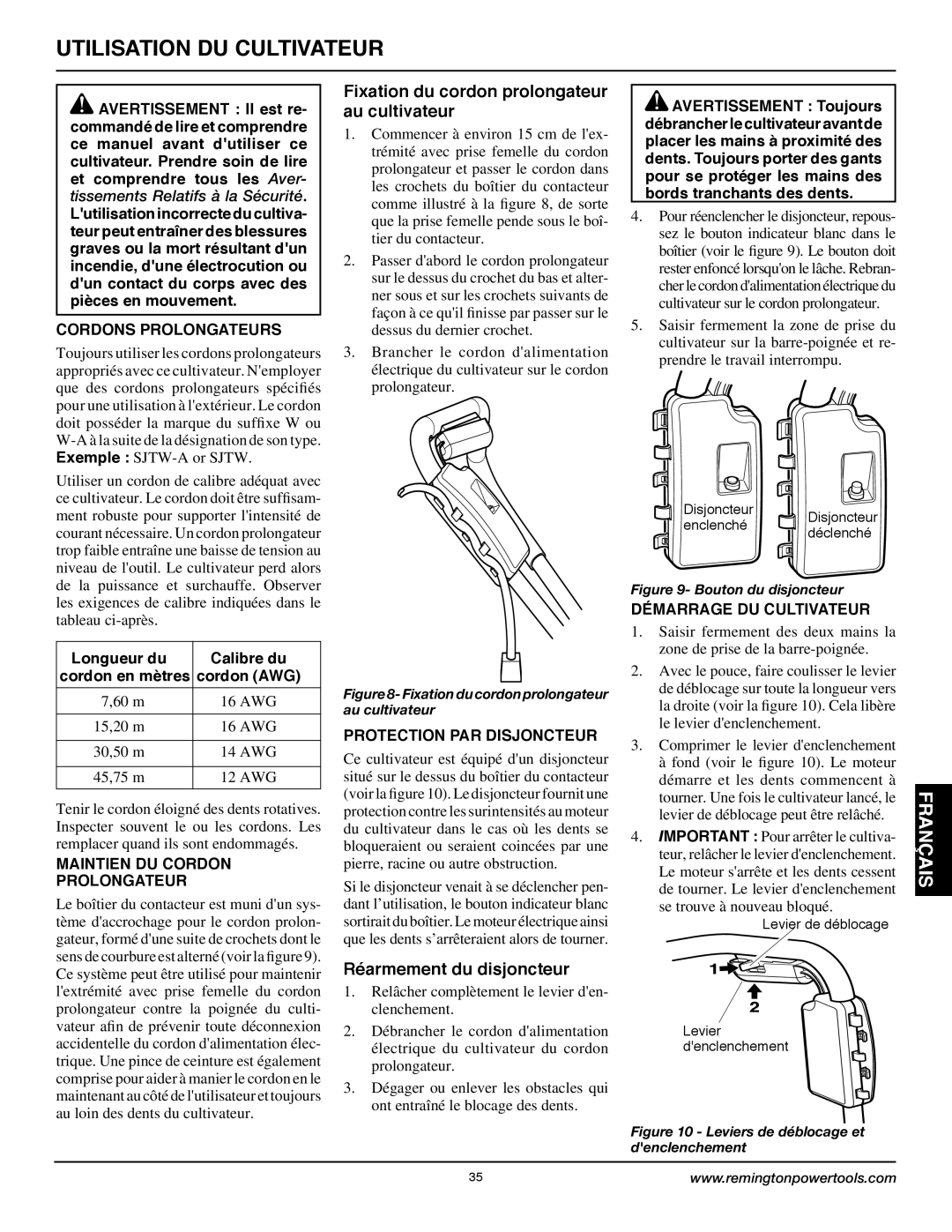 Remington Power Tools 109312-01 Utilisation DU Cultivateur, Cordons Prolongateurs, Maintien DU Cordon Prolongateur 