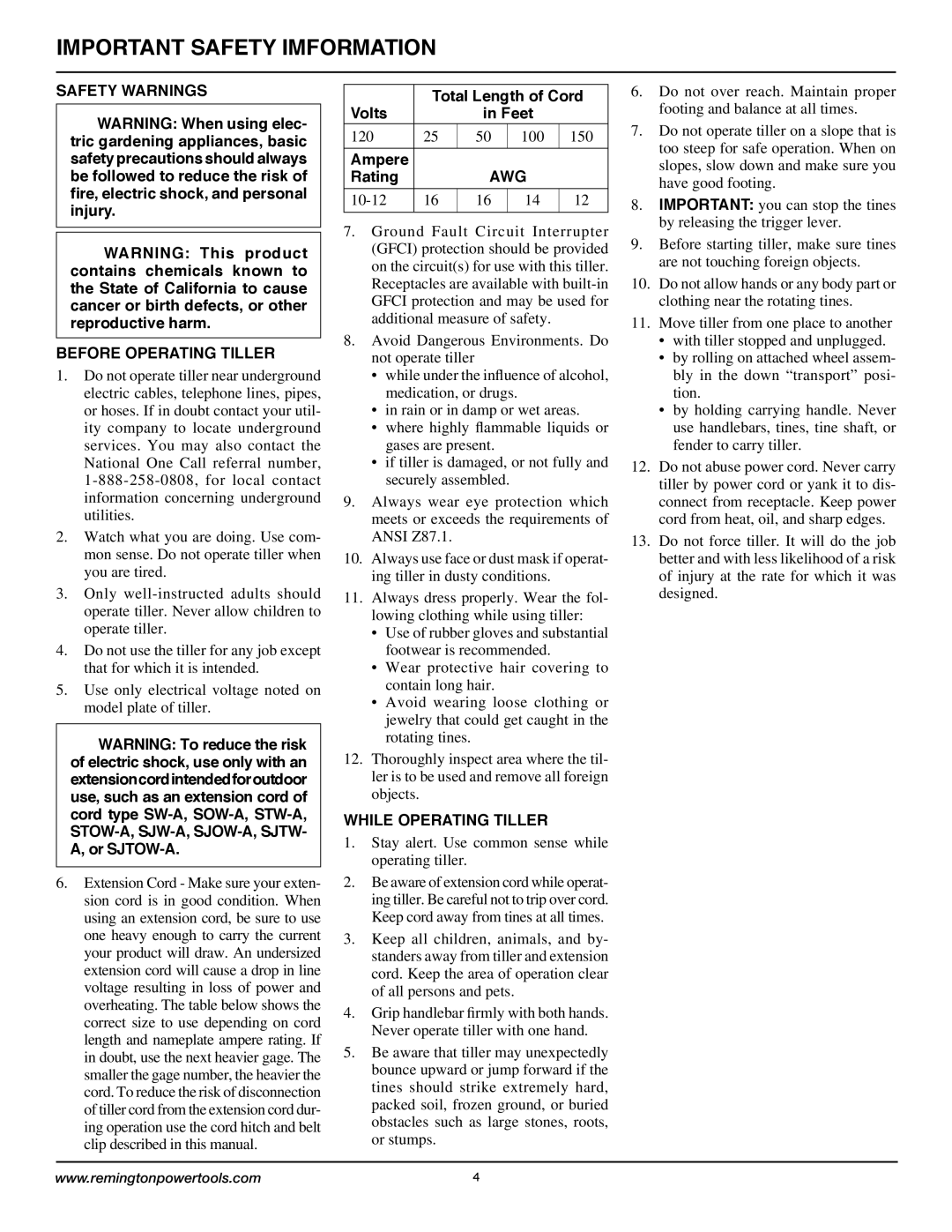 Remington Power Tools 109312-01 owner manual Important Safety Imformation, Safety Warnings Before Operating Tiller, Awg 