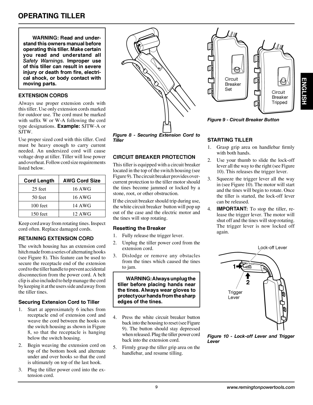 Remington Power Tools 109312-01 Operating Tiller, Extension Cords, Retaining Extension Cord, Circuit Breaker Protection 