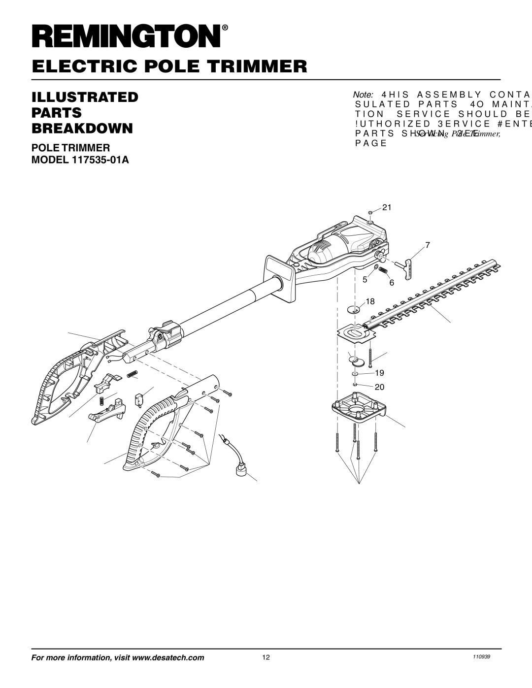 Remington Power Tools owner manual Illustrated Parts Breakdown, Pole Trimmer Model 117535-01A 