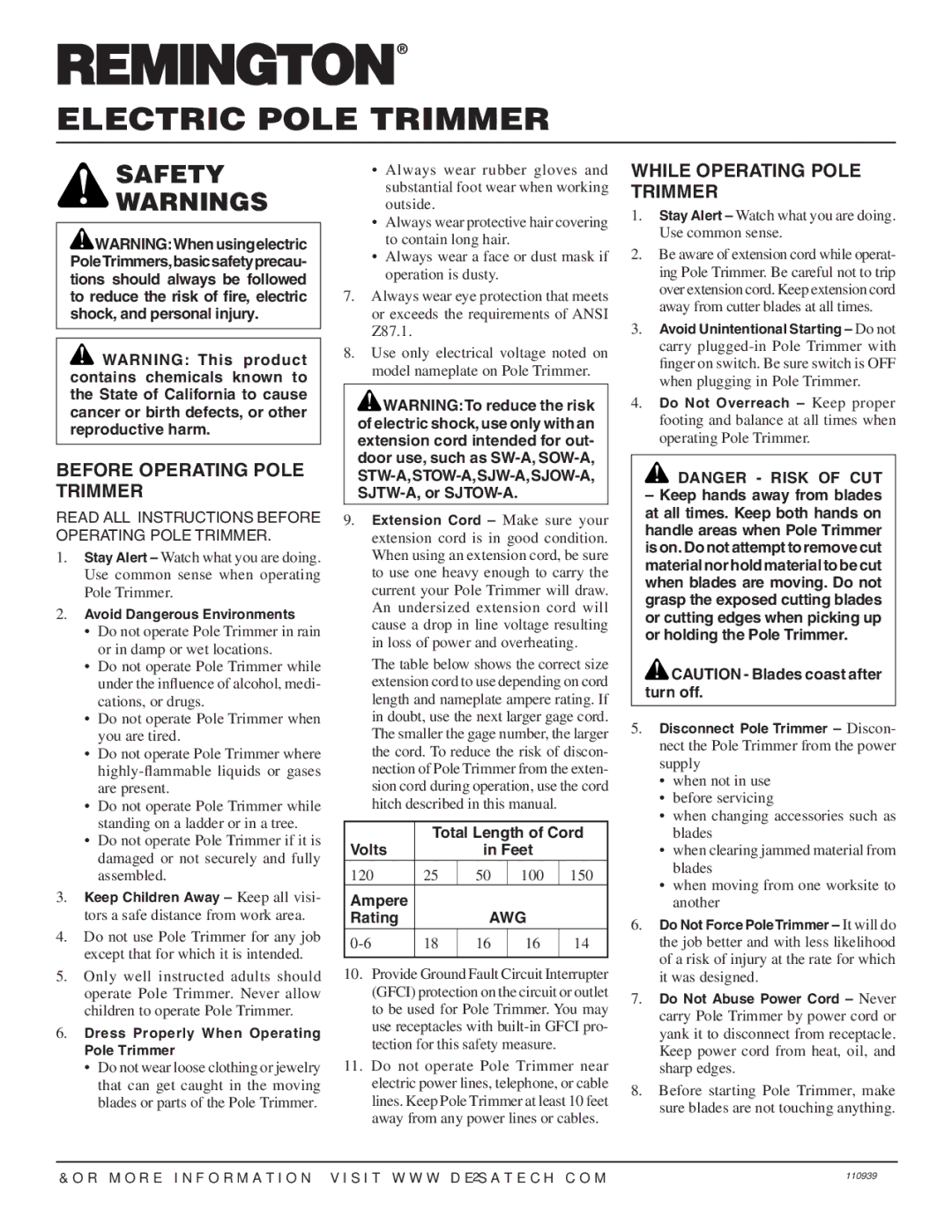 Remington Power Tools 117535-01A owner manual Safety, Before Operating Pole Trimmer, While Operating Pole Trimmer 