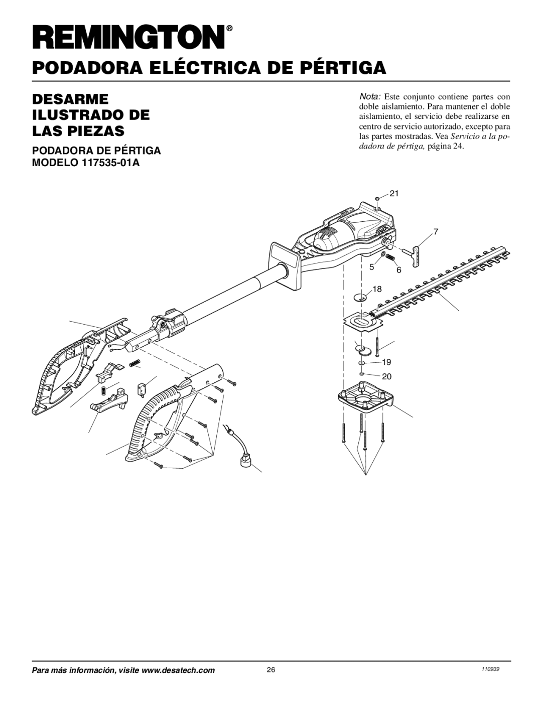 Remington Power Tools owner manual Desarme Ilustrado DE LAS Piezas, Podadora DE Pértiga Modelo 117535-01A 