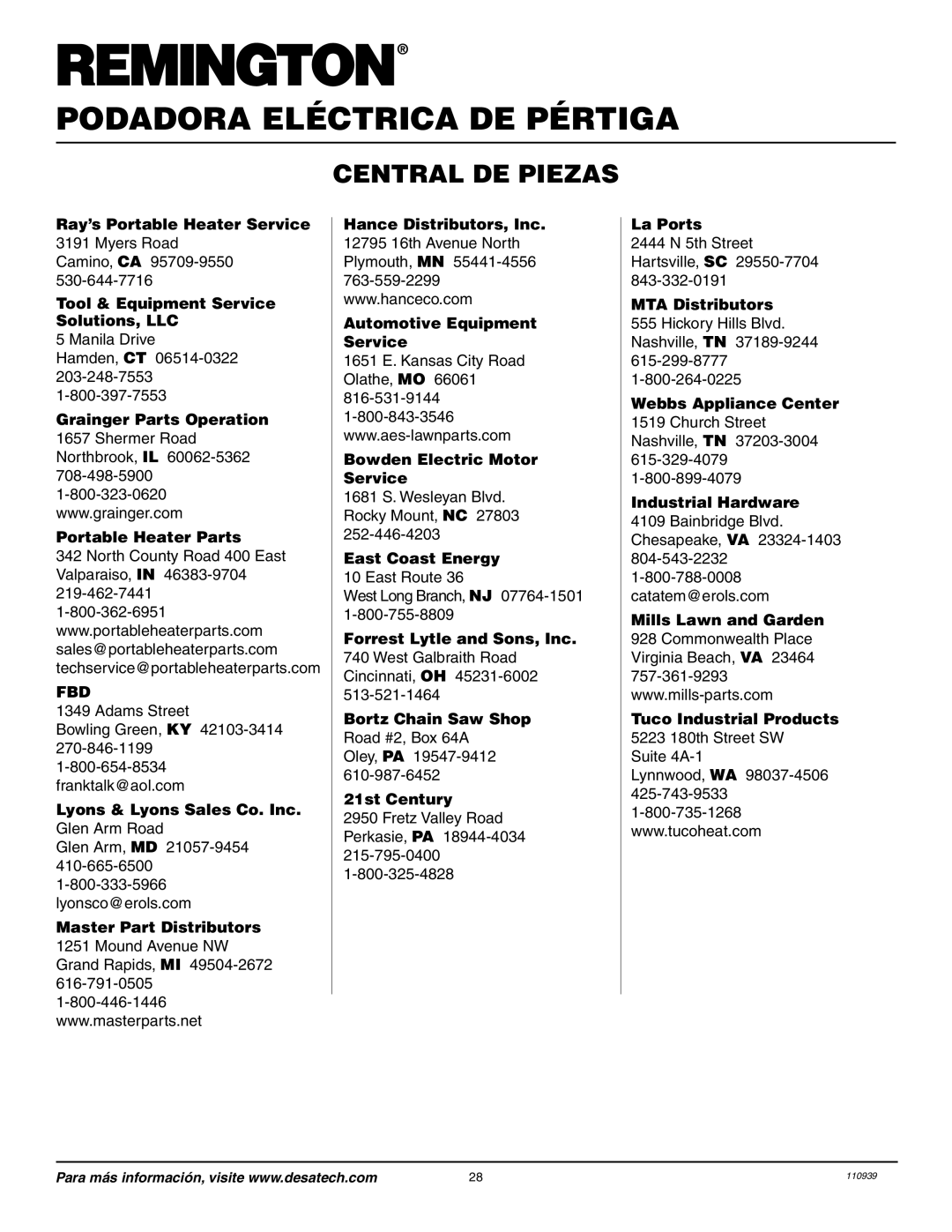 Remington Power Tools 117535-01A owner manual Central DE Piezas, La Ports 