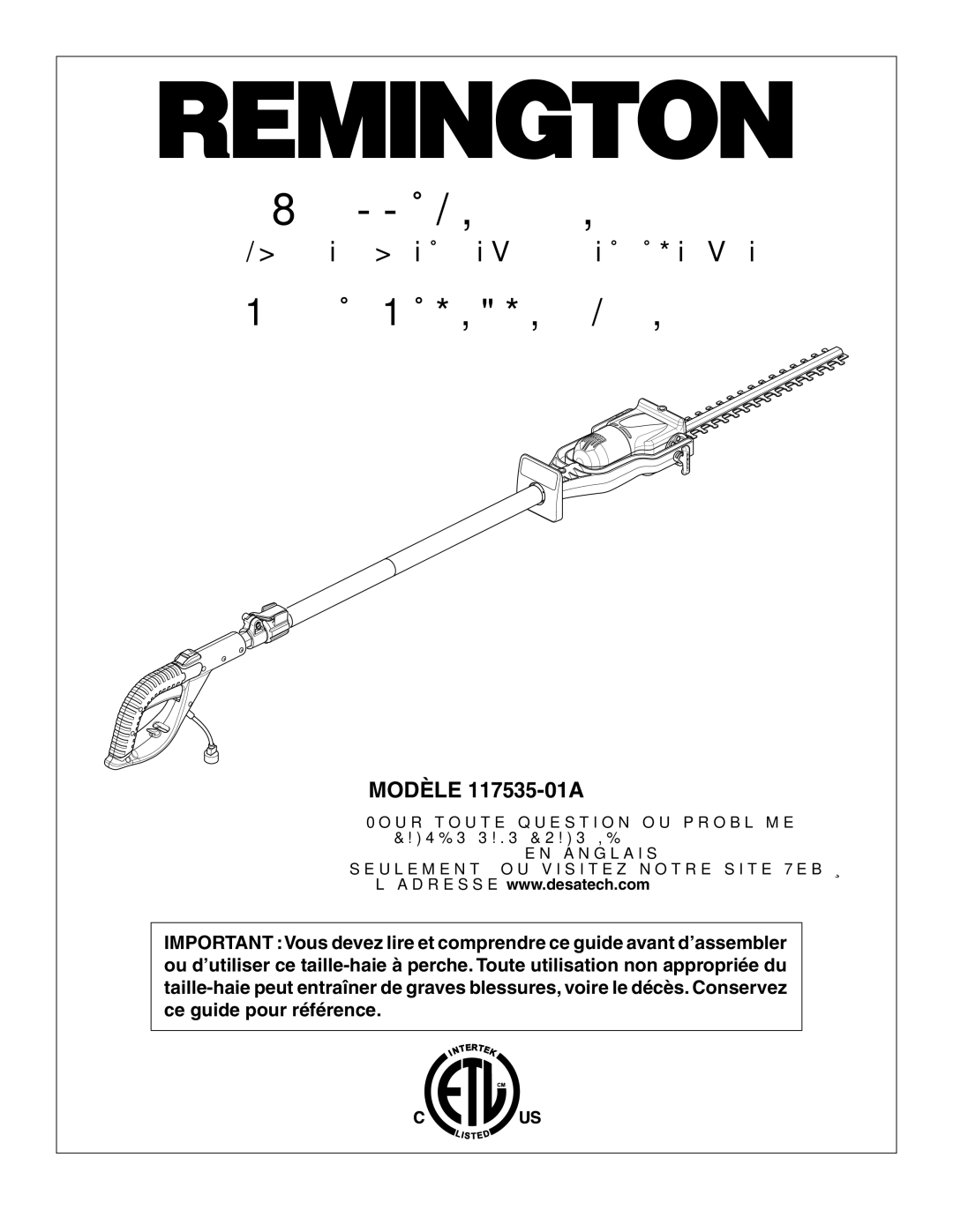 Remington Power Tools 117535-01A owner manual Guide DU Propriétaire 