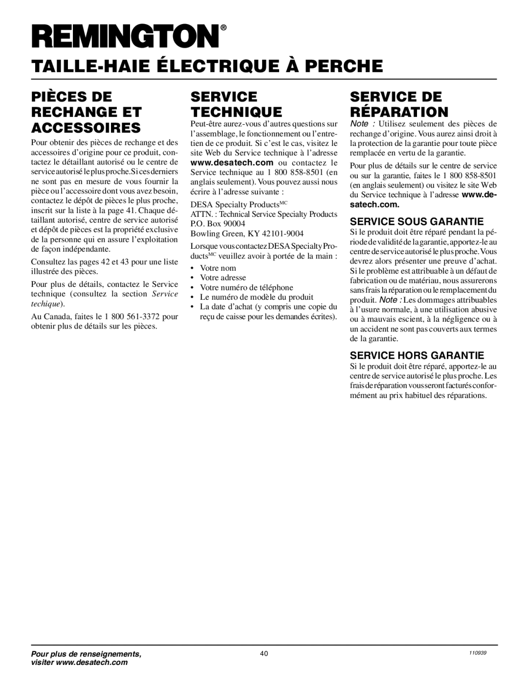 Remington Power Tools 117535-01A owner manual Pièces DE Rechange ET Accessoires, Service Technique, Service DE Réparation 