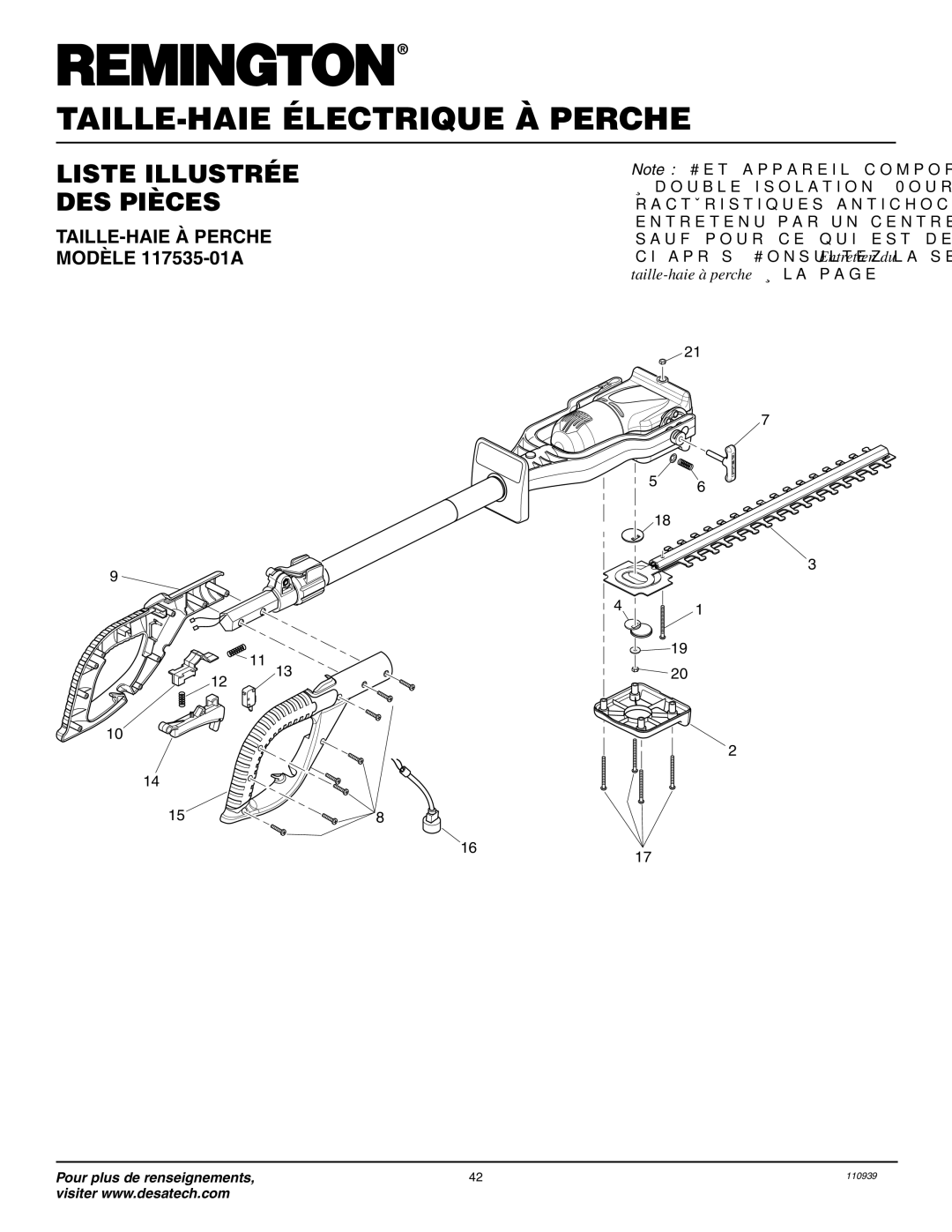 Remington Power Tools owner manual Liste Illustrée DES Pièces, TAILLE-HAIE À Perche Modèle 117535-01A 