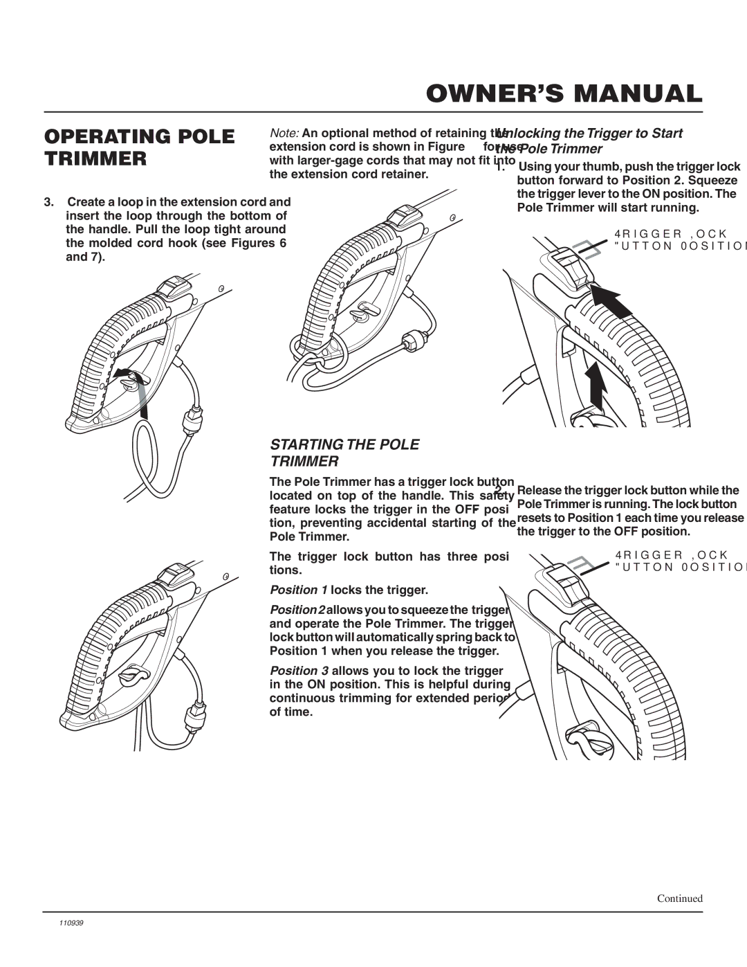 Remington Power Tools 117535-01A owner manual Starting the Pole Trimmer, Unlocking the Trigger to Start the Pole Trimmer 