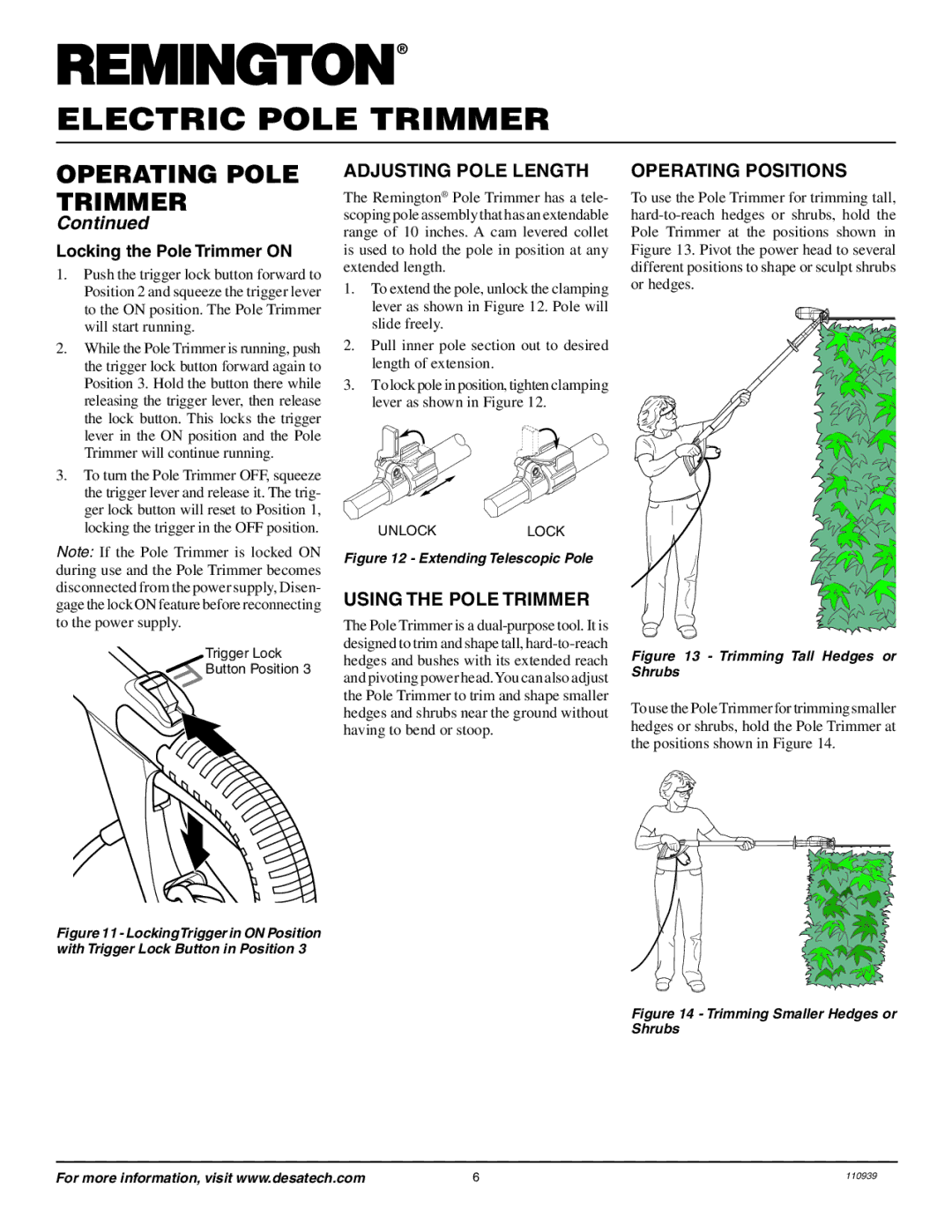 Remington Power Tools 117535-01A owner manual Adjusting Pole Length, Using the Pole Trimmer, Operating Positions 