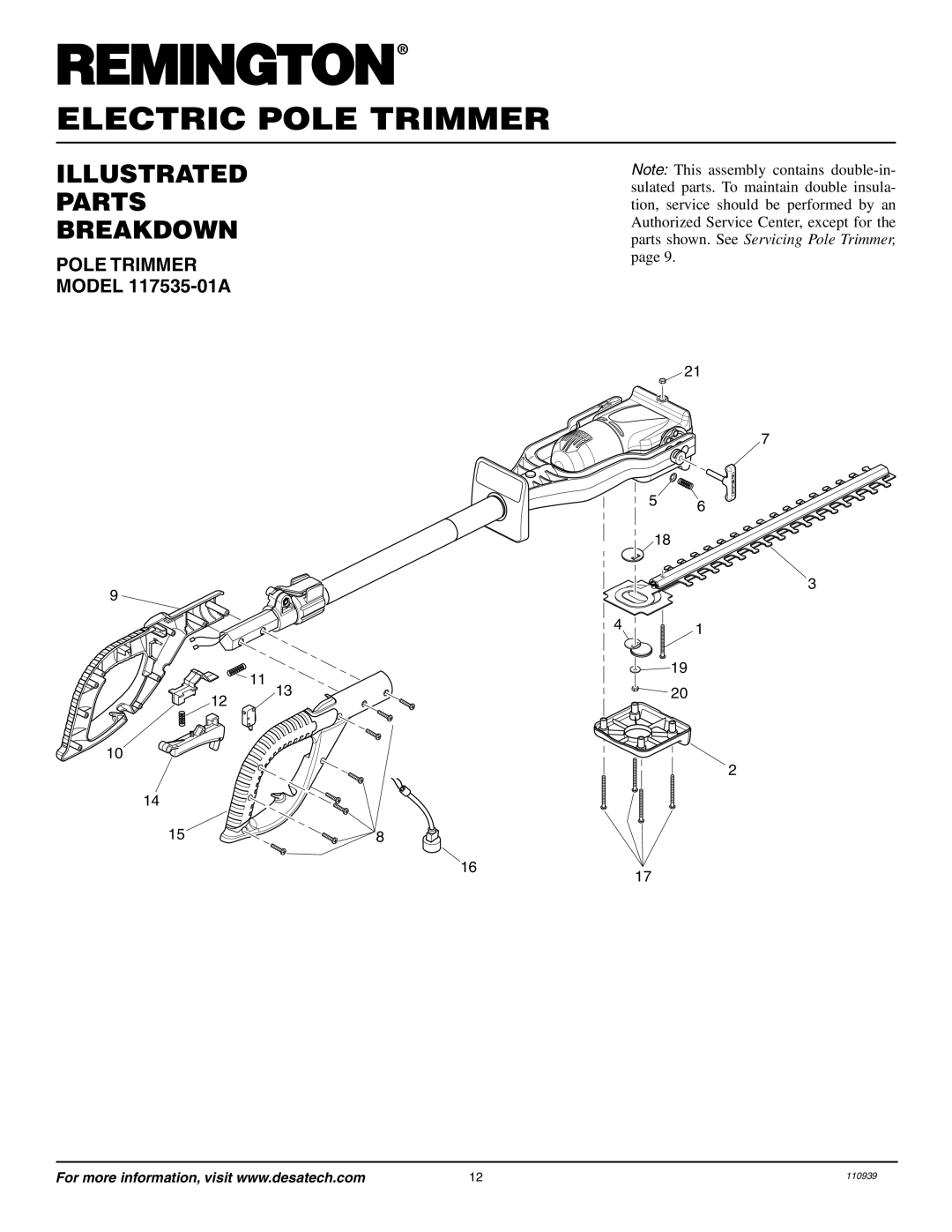 Remington Power Tools Illustrated Parts Breakdown, POLE TRIMMER MODEL 117535-01A, Electric Pole Trimmer, 110939 