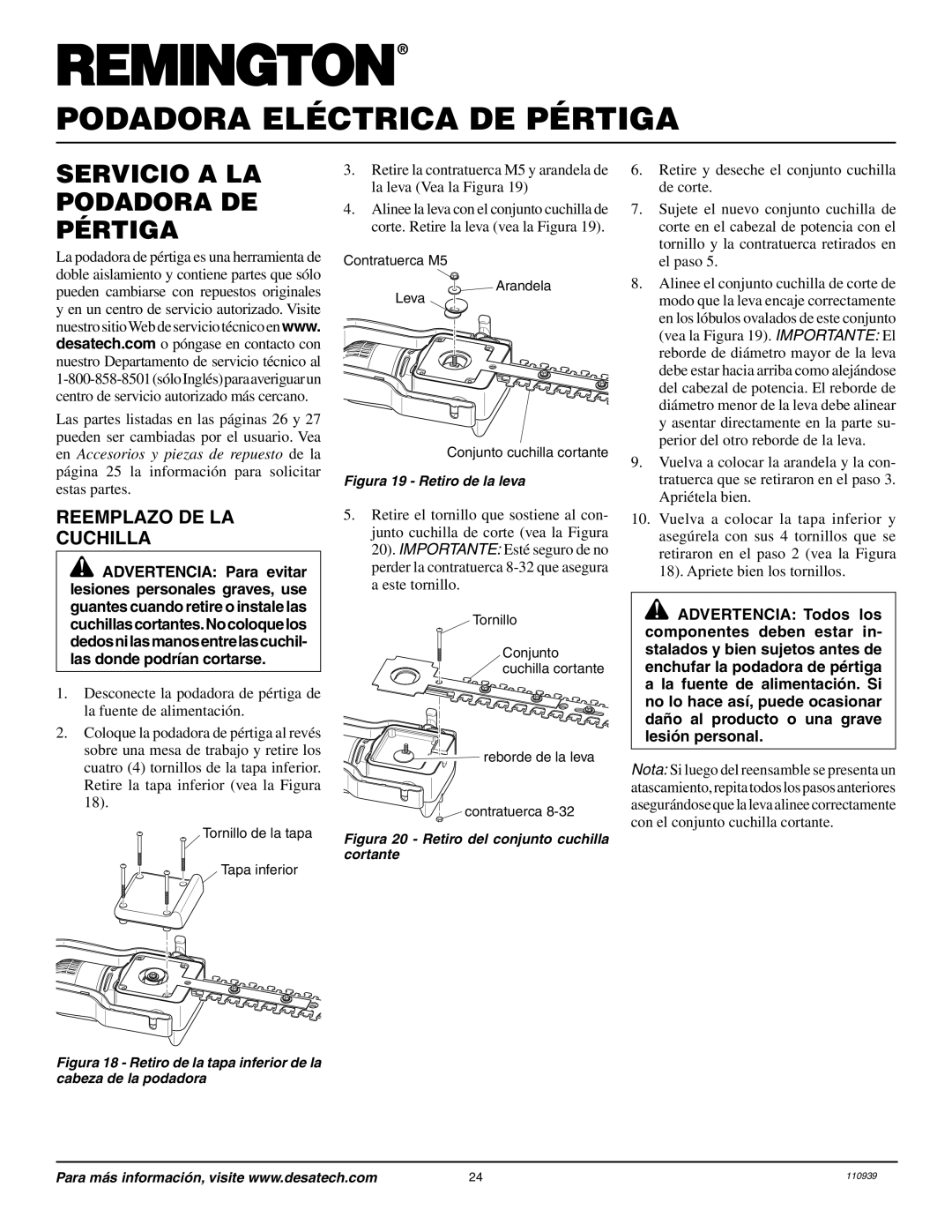 Remington Power Tools 117535-01A owner manual Servicio A La Podadora De Pértiga, Reemplazo De La Cuchilla 