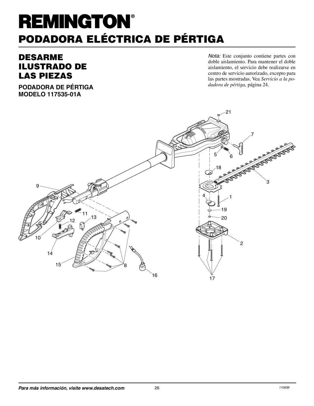 Remington Power Tools owner manual Desarme Ilustrado De Las Piezas, PODADORA DE PÉRTIGA MODELO 117535-01A, 110939 