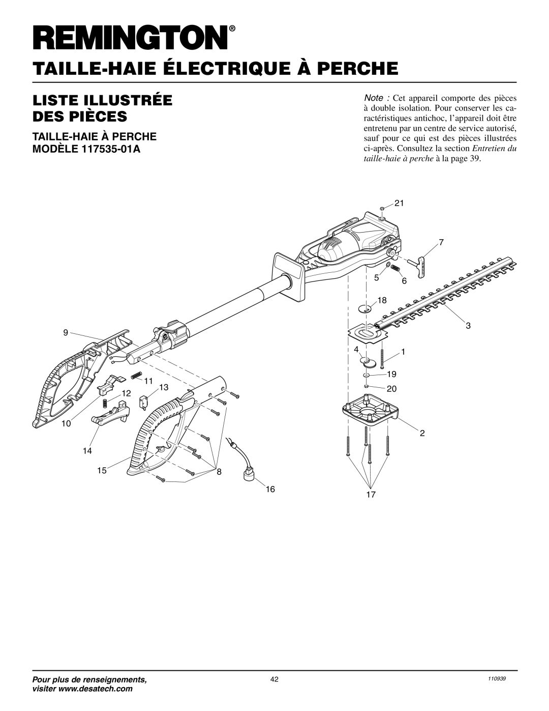 Remington Power Tools owner manual Liste Illustrée Des Pièces, TAILLE-HAIE À PERCHE MODÈLE 117535-01A 