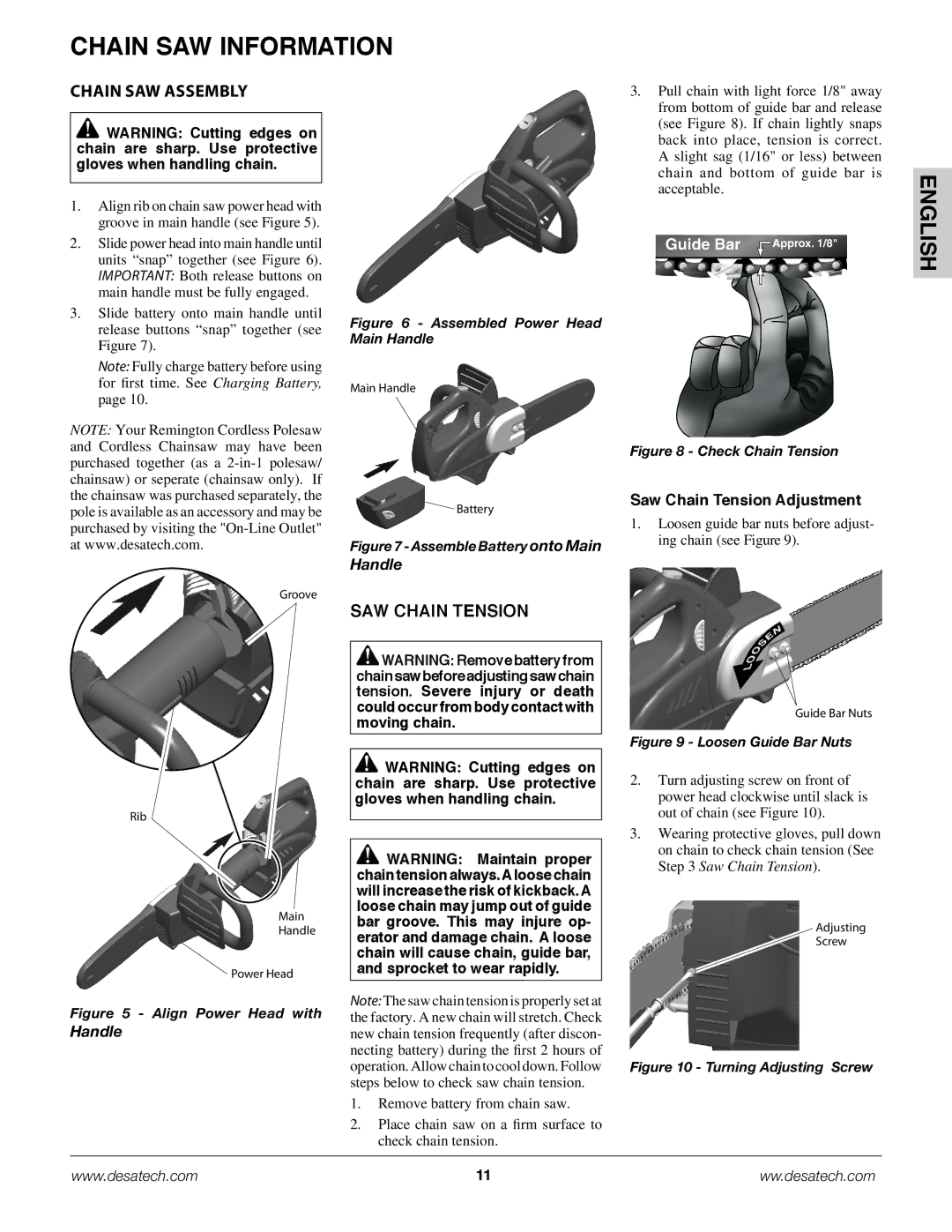 Remington Power Tools BS188A, BPS188A, BS188A owner manual Chain Saw Information, Chain Saw Assembly, Saw Chain Tension 