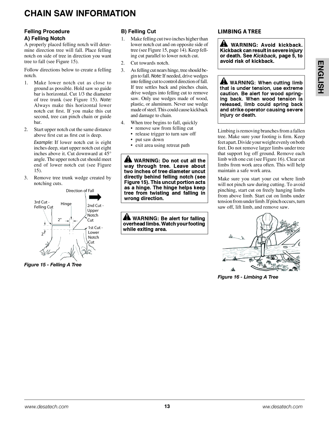 Remington Power Tools BS188A, BPS188A, BS188A owner manual Limbing a Tree, Felling Procedure Felling Notch, Felling Cut 