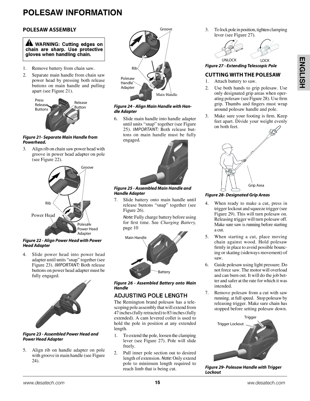 Remington Power Tools BS188A, BPS188A, BS188A owner manual Polesaw Information, Polesaw Assembly, Cutting with the Polesaw 