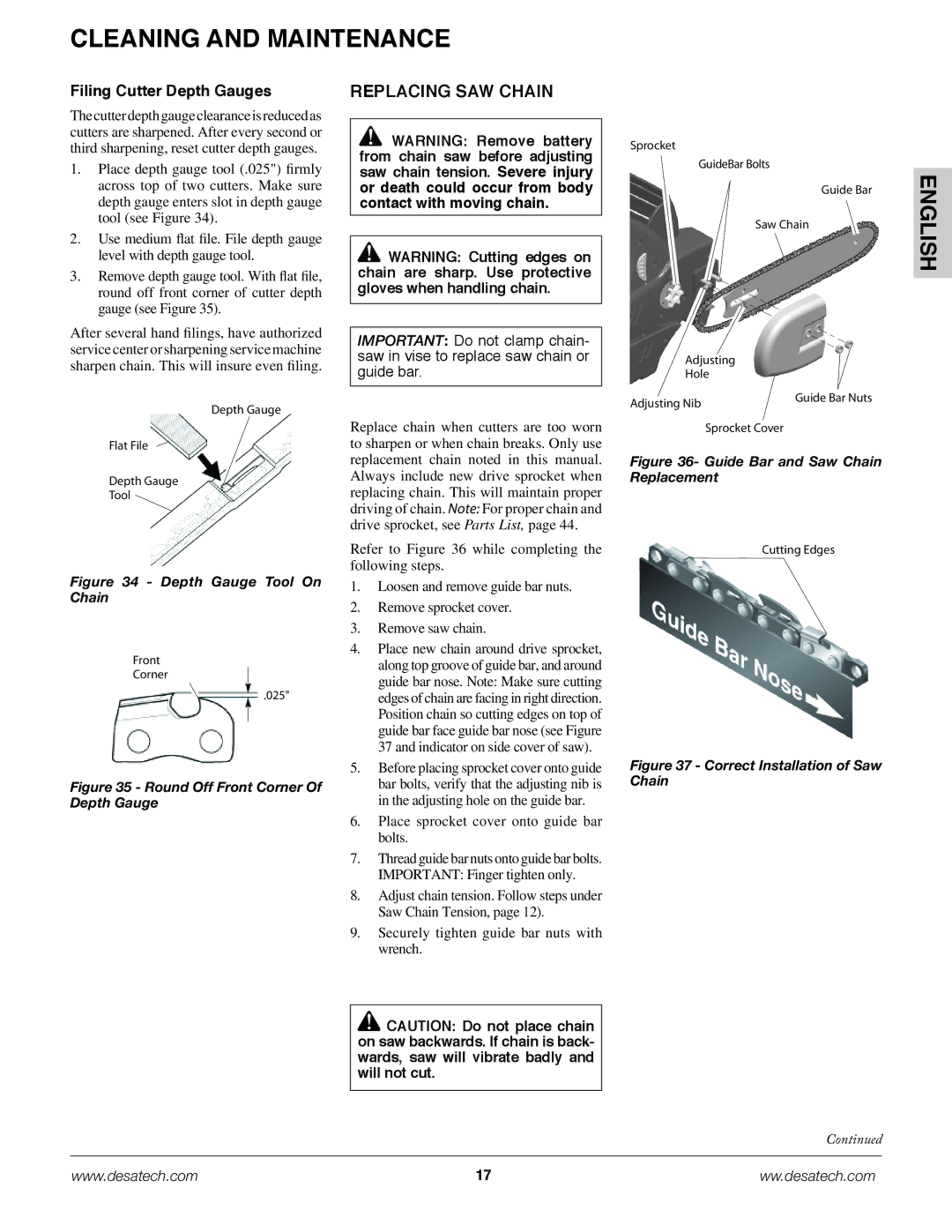 Remington Power Tools BS188A, BPS188A, BS188A owner manual Replacing Saw Chain, Filing Cutter Depth Gauges 