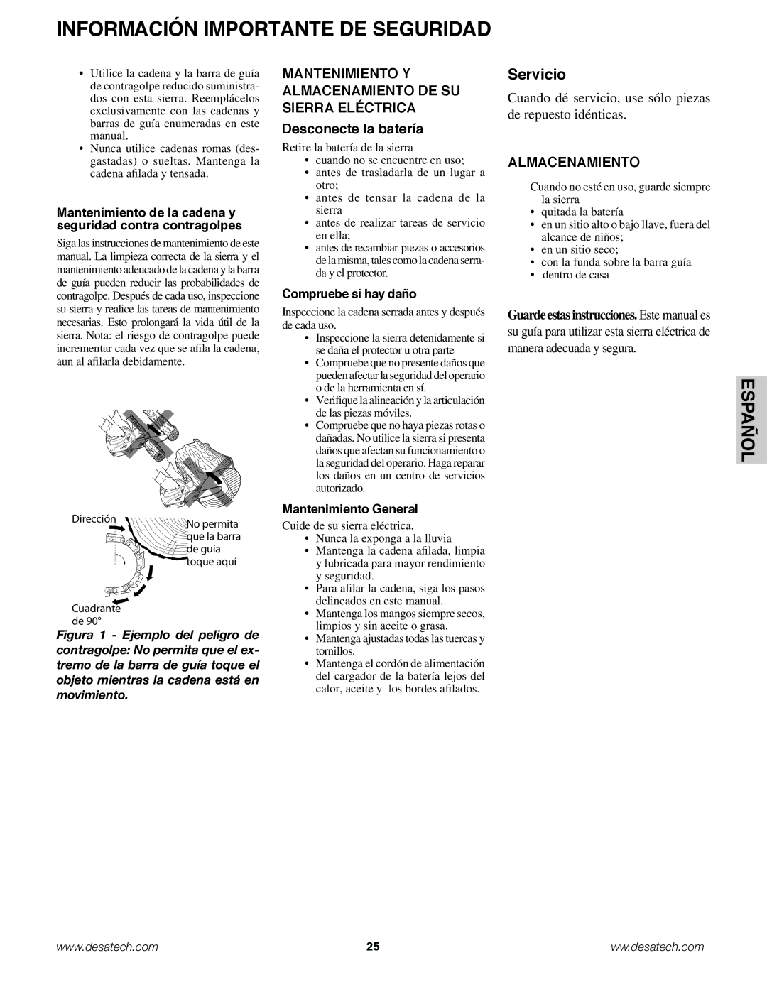 Remington Power Tools BS188A, BPS188A, BS188A Almacenamiento, Mantenimiento de la cadena y seguridad contra contragolpes 