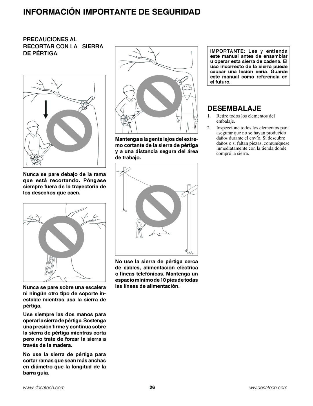 Remington Power Tools BPS188A, BS188A owner manual Desembalaje, Precauciones al recortar con la sierra de pértiga 