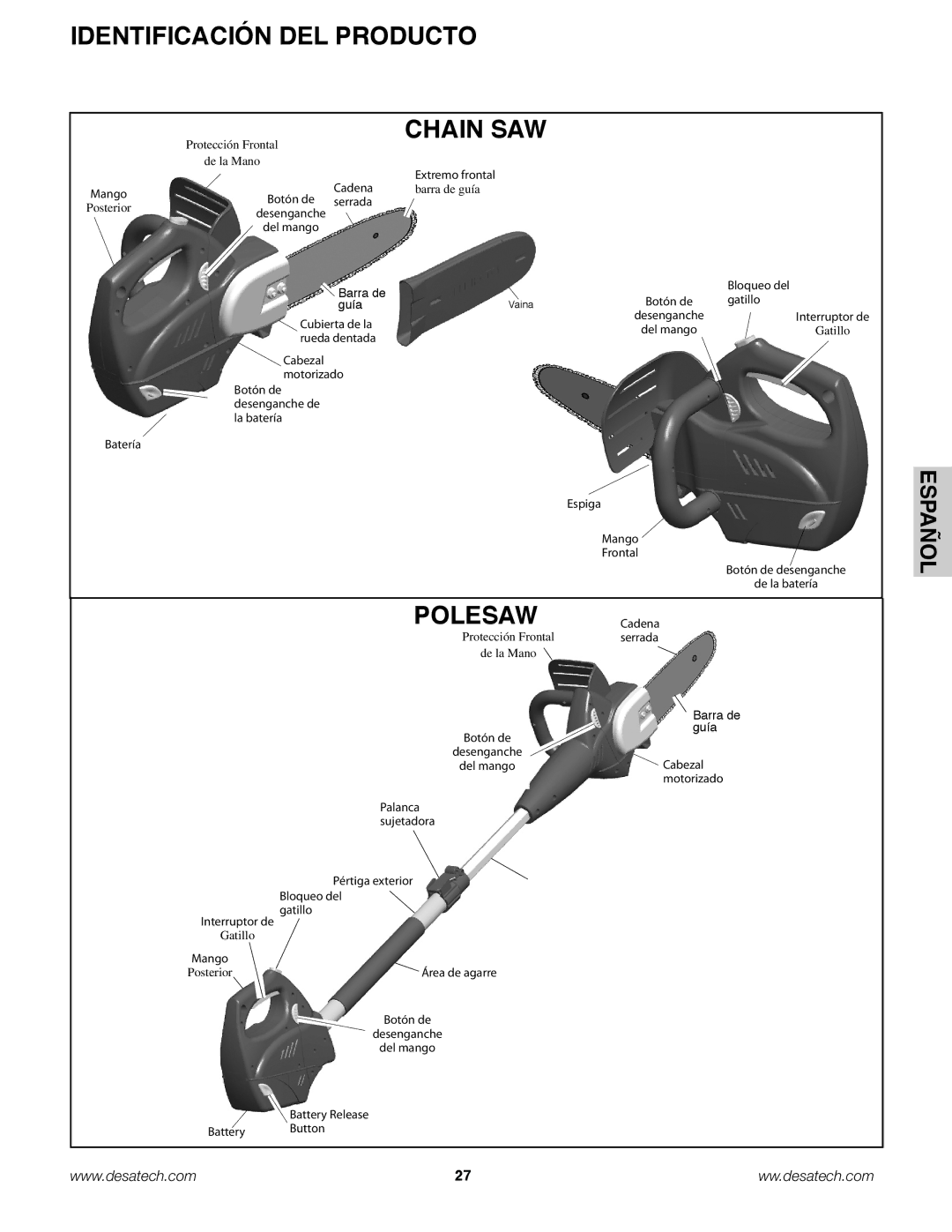 Remington Power Tools BS188A, BPS188A, BS188A owner manual Identificación del Producto, PoleSaw Cadena 