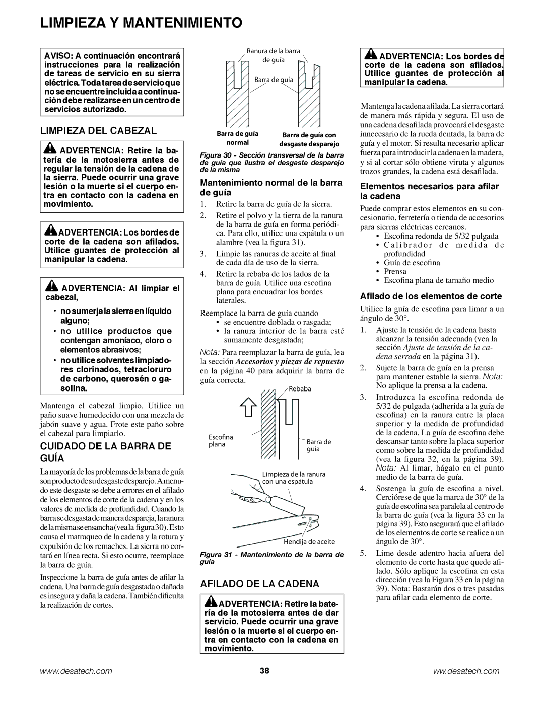 Remington Power Tools BPS188A, BS188A Limpieza Y Mantenimiento, Limpieza DEL Cabezal, Cuidado DE LA Barra DE Guía 