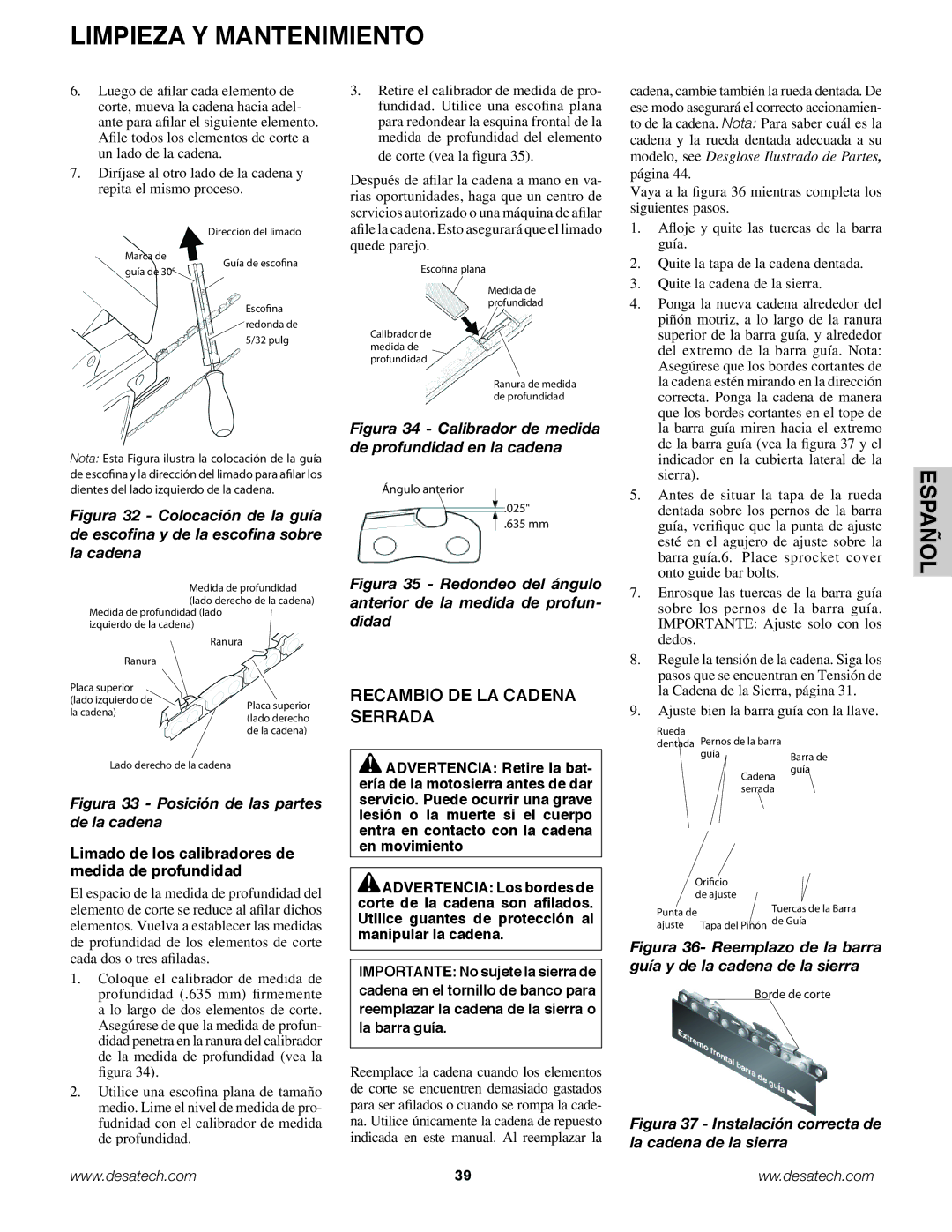 Remington Power Tools BS188A, BPS188A, BS188A Recambio de la cadena serrada, Ajuste bien la barra guía con la llave 