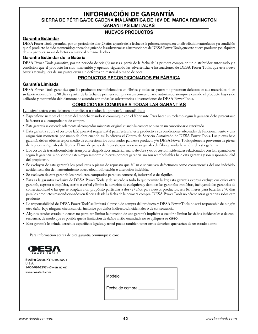 Remington Power Tools BS188A, BPS188A, BS188A owner manual Garantía Estándar de la Batería, Garantía Limitada 