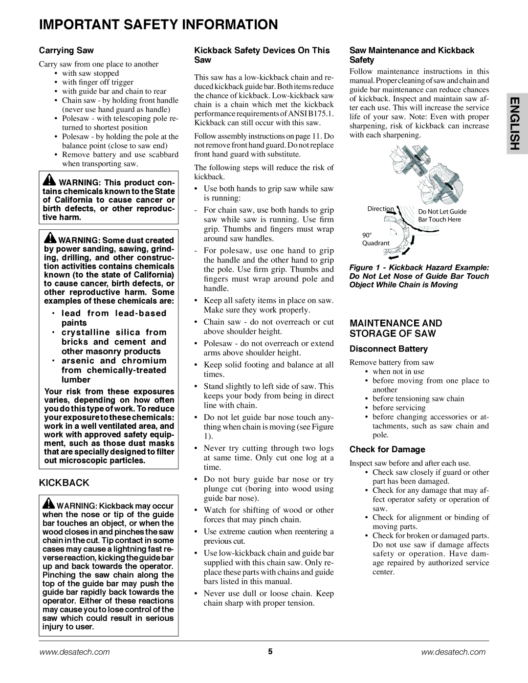 Remington Power Tools BS188A, BPS188A, BS188A IMPORTANT Safety Information, Kickback, Maintenance Storage of Saw 