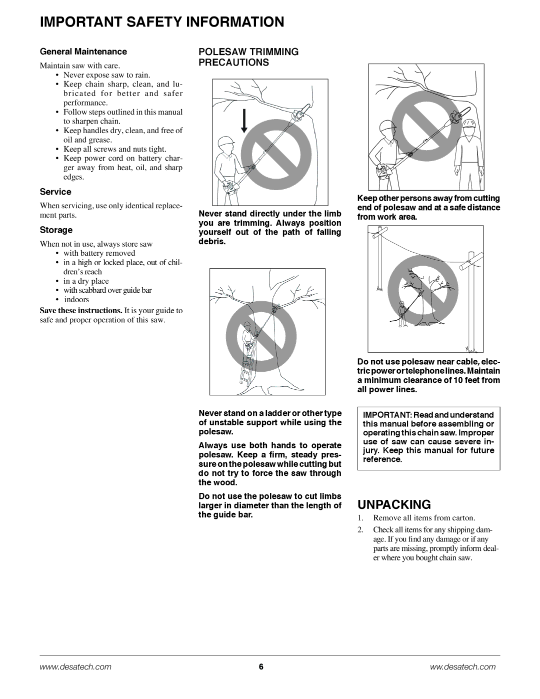 Remington Power Tools BPS188A, BS188A owner manual Polesaw Trimming Precautions, General Maintenance, Service, Storage 