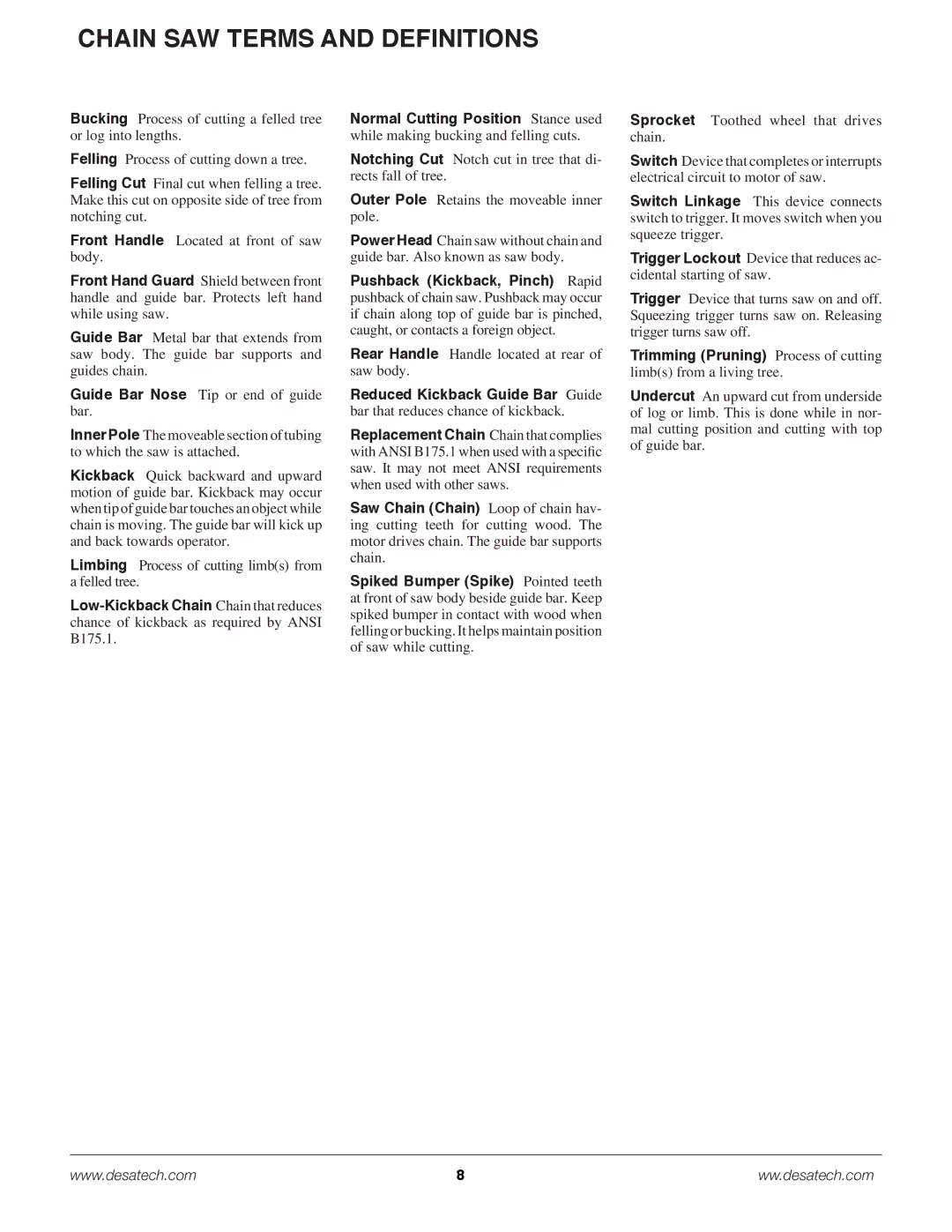 Remington Power Tools BPS188A, BS188A Chain SAW terms and definitions, Rear Handle Handle located at rear of saw body 