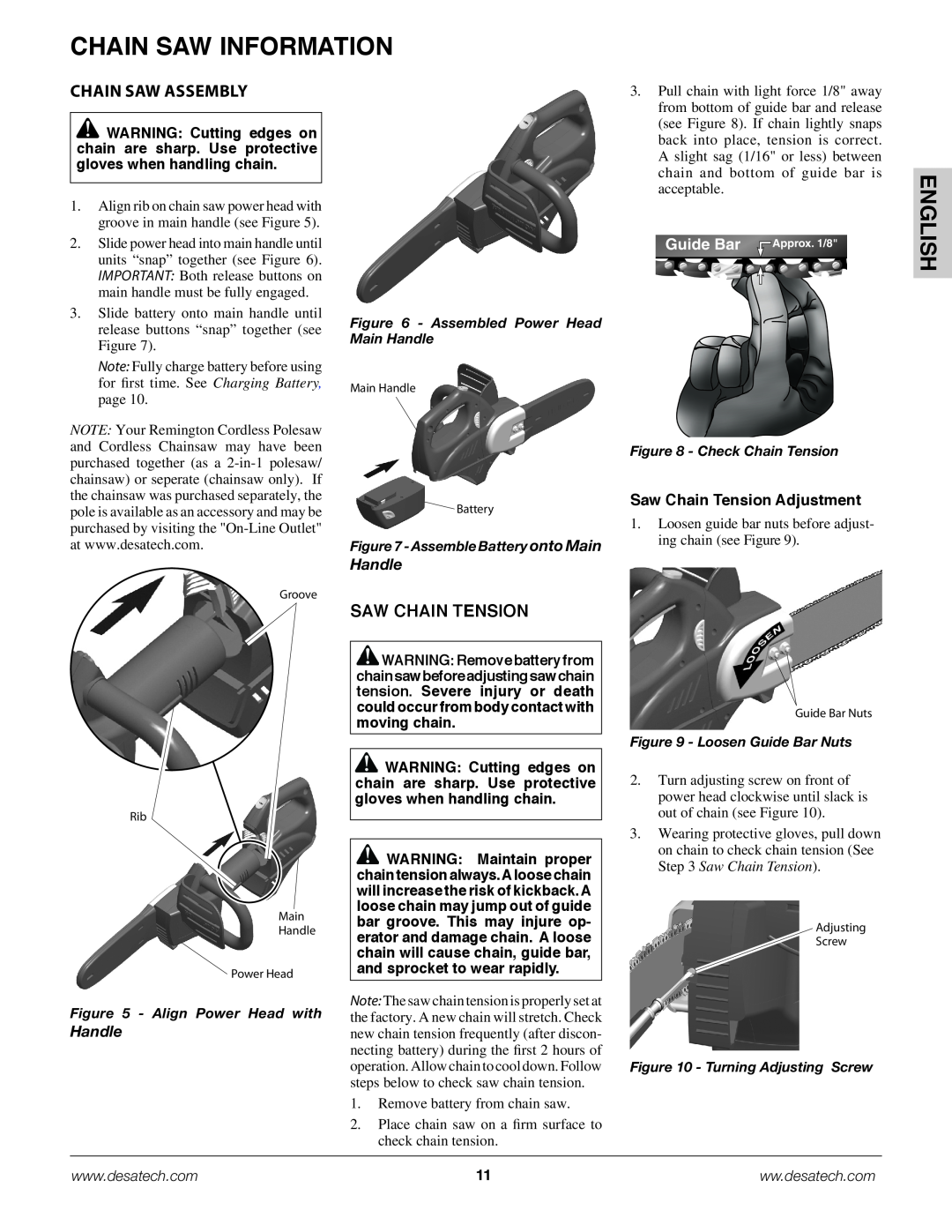 Remington Power Tools BS188A, BPS188A, BS188A owner manual English, Chain Saw Assembly, Saw Chain Tension, Handle 