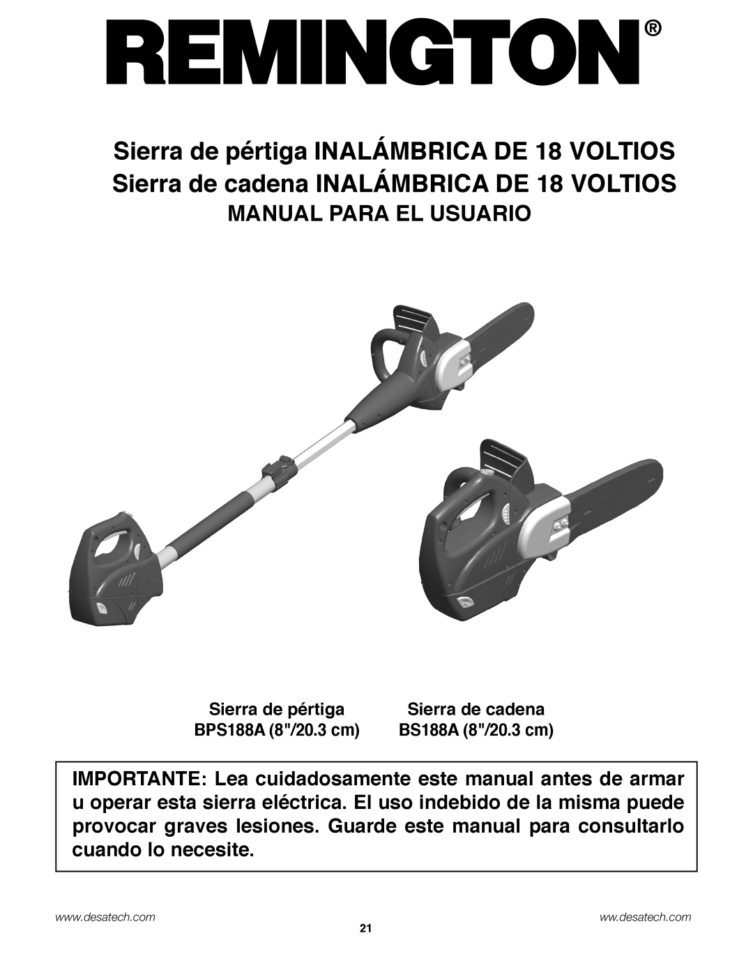 Remington Power Tools BS188A, BPS188A, BS188A Manual Para El Usuario, Sierra de pértiga, Sierra de cadena, ww.desatech.com 