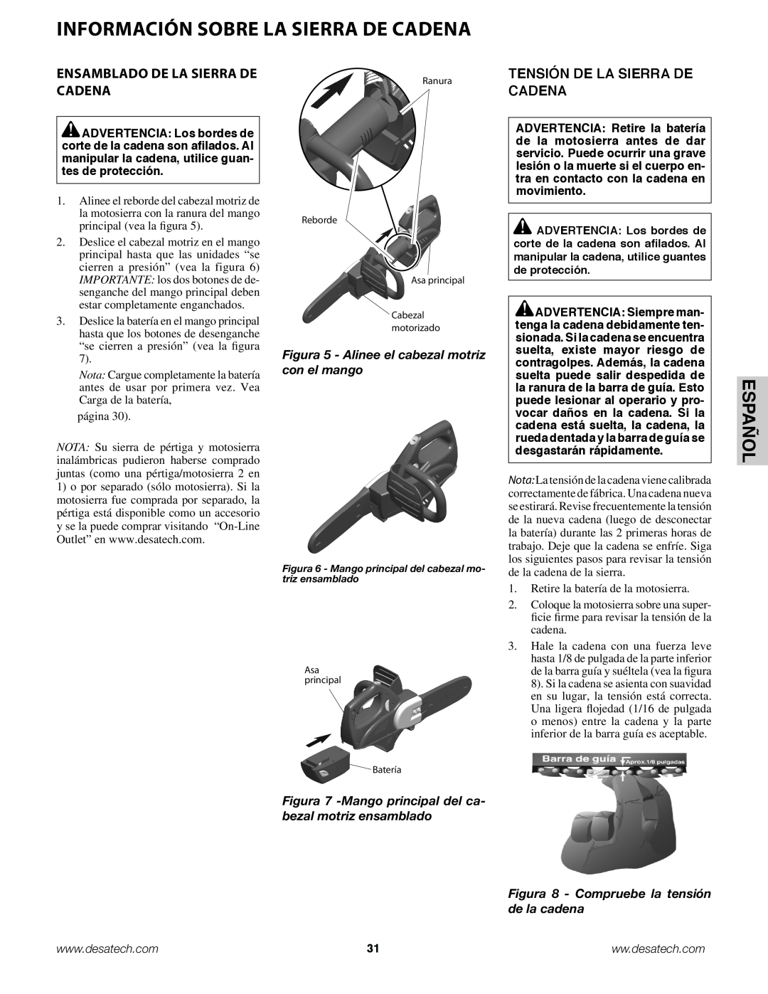 Remington Power Tools BS188A, BPS188A, BS188A owner manual Información sobre la sierra de cadena, Español 