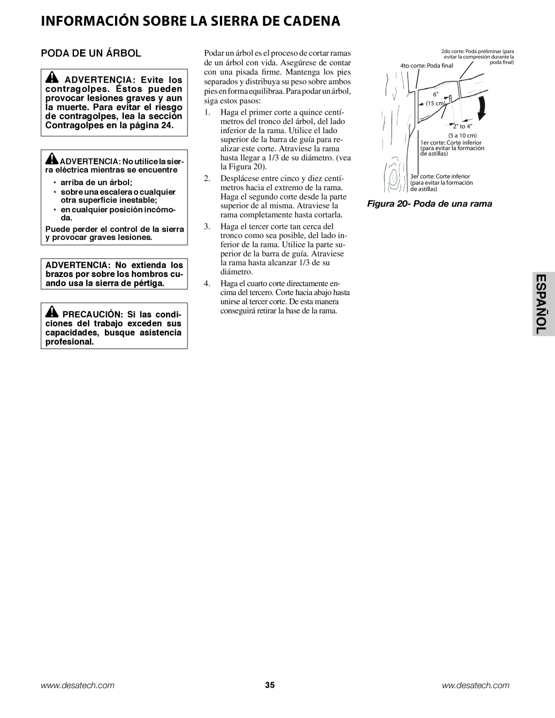 Remington Power Tools BS188A, BPS188A, BS188A owner manual Información sobre la sierra de cadena, Español, Poda De Un Árbol 