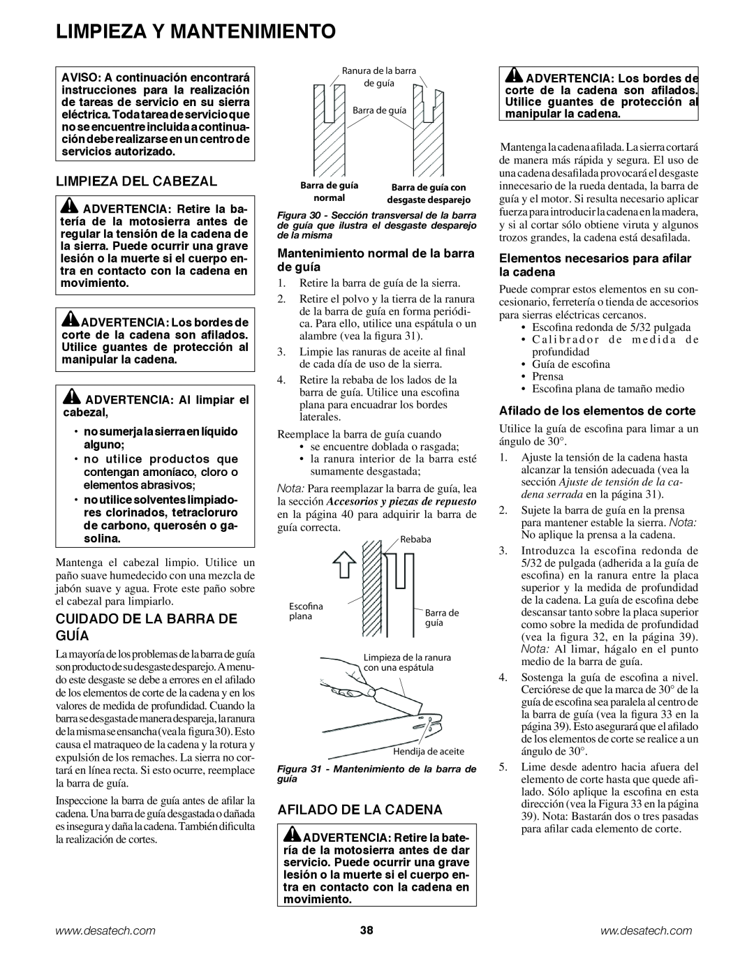 Remington Power Tools BPS188A, BS188A owner manual Limpieza Del Cabezal, Cuidado De La Barra De Guía, Afilado De La Cadena 