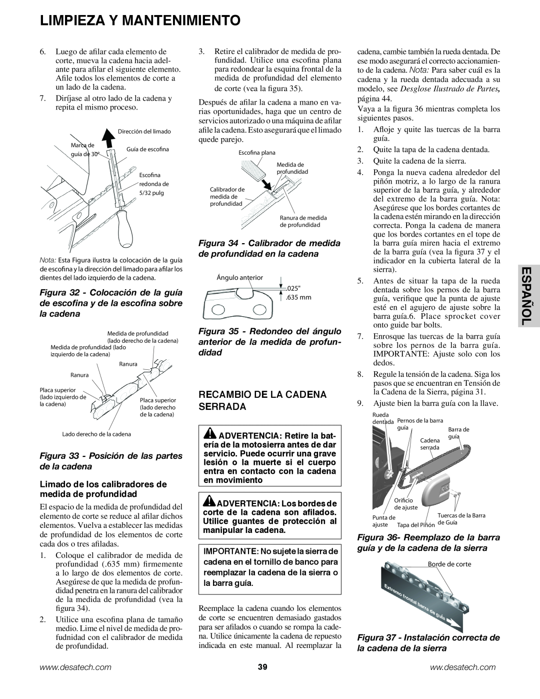 Remington Power Tools BS188A, BPS188A, BS188A owner manual Español, Recambio de la cadena serrada 