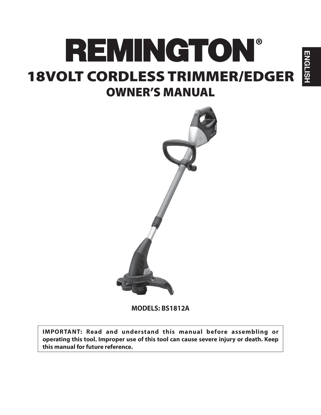 Remington Power Tools BS1812A owner manual 18VOLT Cordless TRIMMER/EDGER 