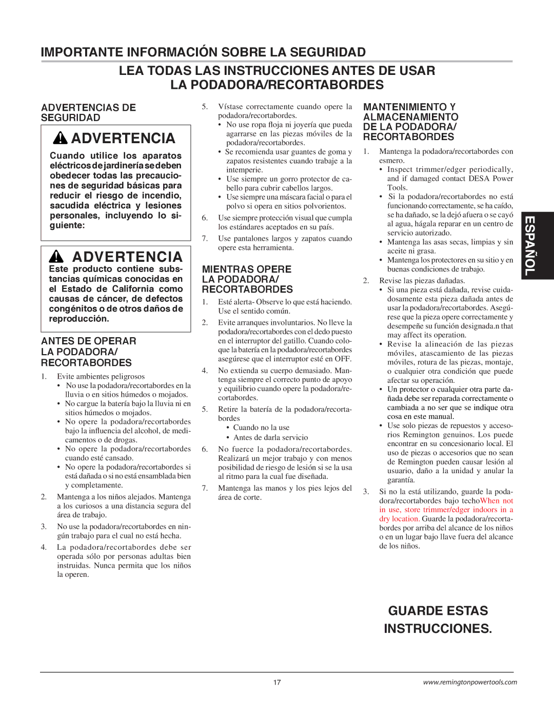 Remington Power Tools BS1812A owner manual Guarde Estas Instrucciones, Advertencias DE Seguridad 