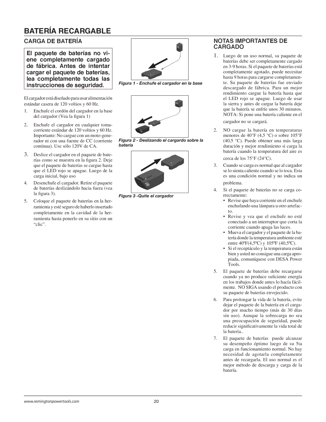 Remington Power Tools BS1812A owner manual Carga DE Batería, Notas Importantes DE Cargado 