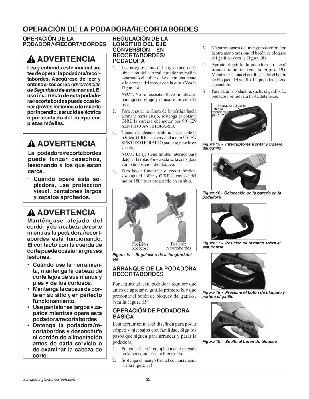 Remington Power Tools BS1812A owner manual Operación DE LA PODADORA/RECORTABORDES, Arranque DE LA Podadora Recortabordes 