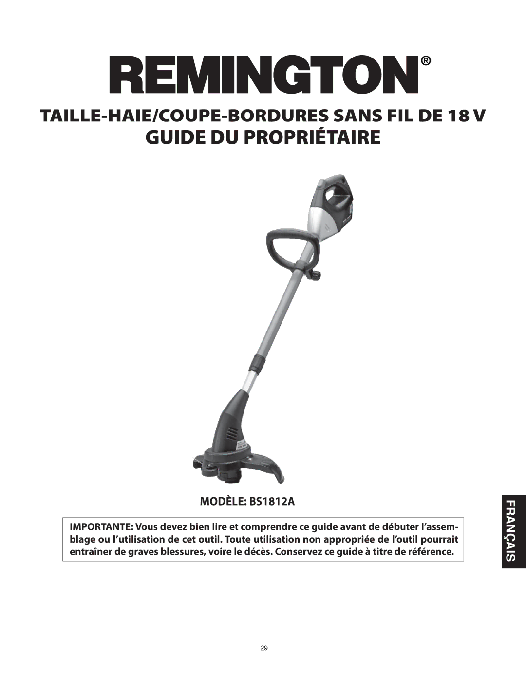 Remington Power Tools BS1812A owner manual Guide DU Propriétaire 