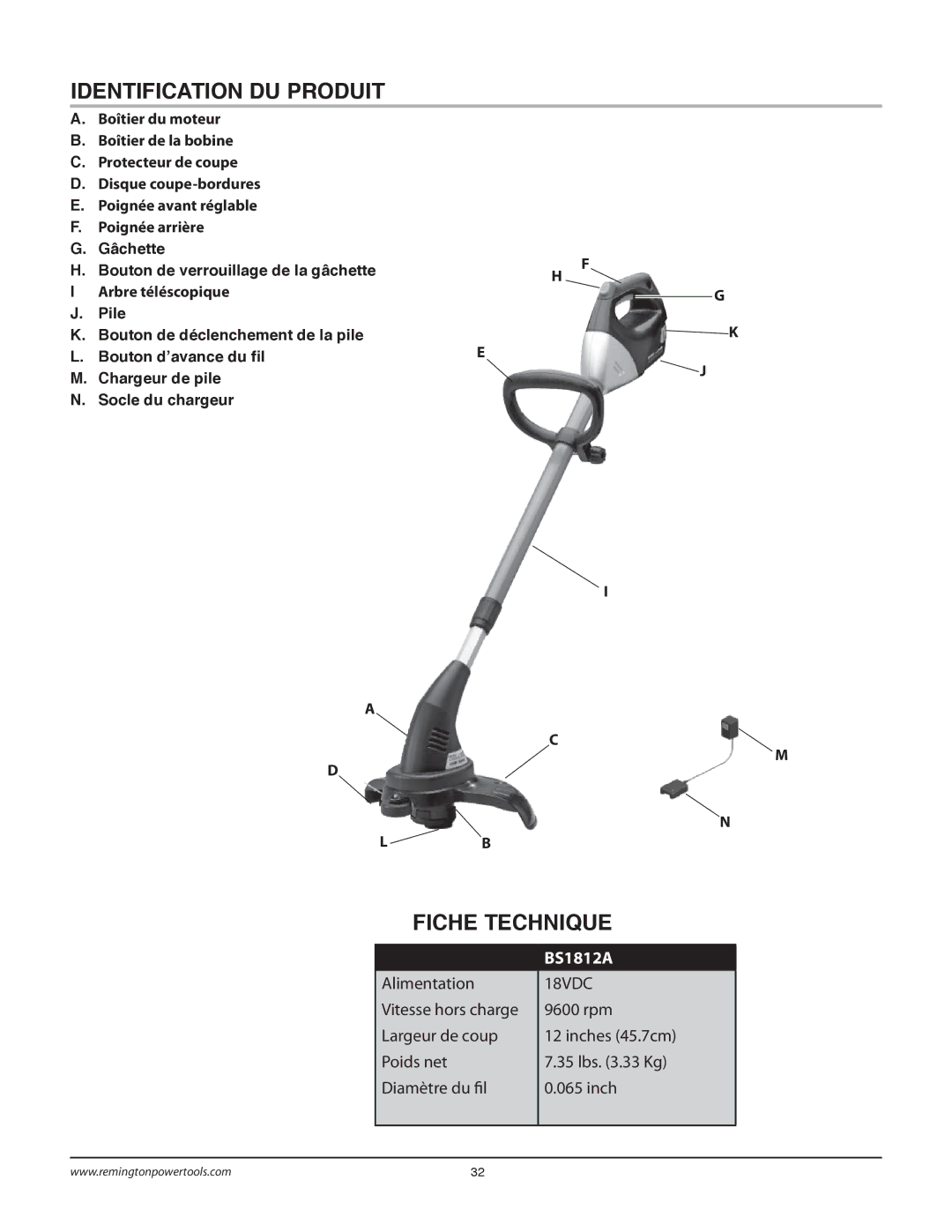 Remington Power Tools BS1812A owner manual Identification DU Produit, Fiche Technique 