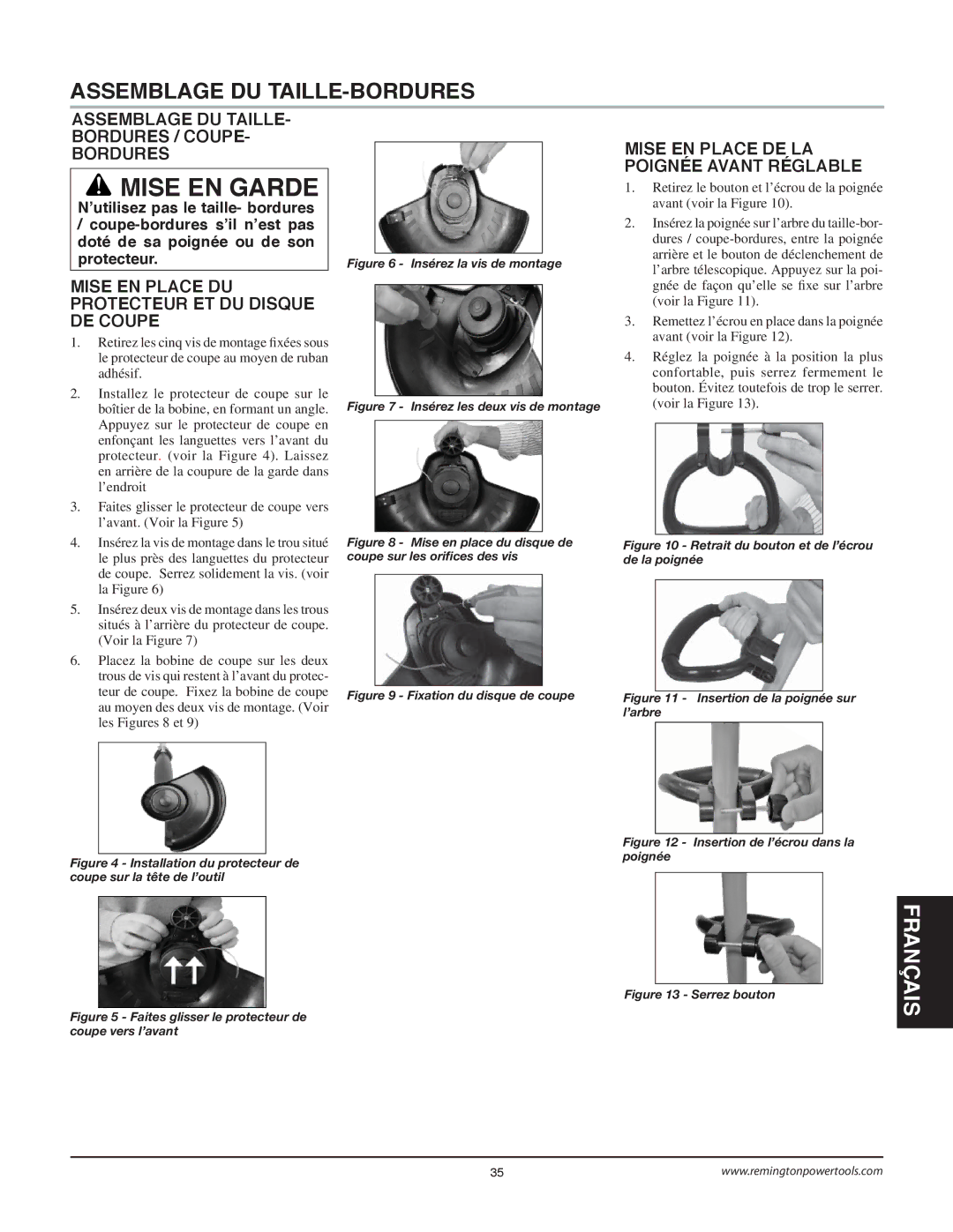 Remington Power Tools BS1812A owner manual Assemblage DU TAILLE-BORDURES, Assemblage DU TAILLE- Bordures / COUPE- Bordures 