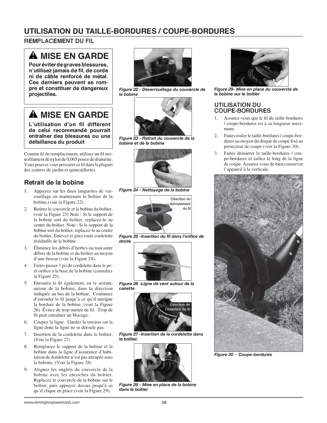 Remington Power Tools BS1812A owner manual Remplacement DU FIL, Utilisation DU COUPE-BORDURES 