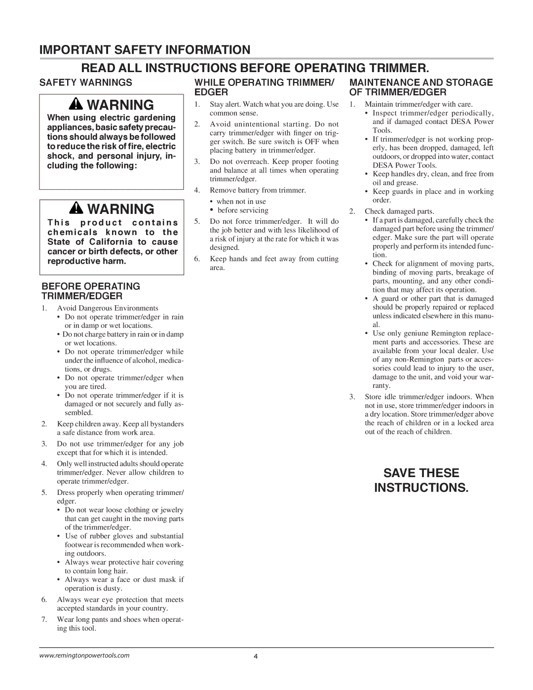 Remington Power Tools BS1812A owner manual Save These Instructions, Safety Warnings, Before Operating TRIMMER/EDGER 