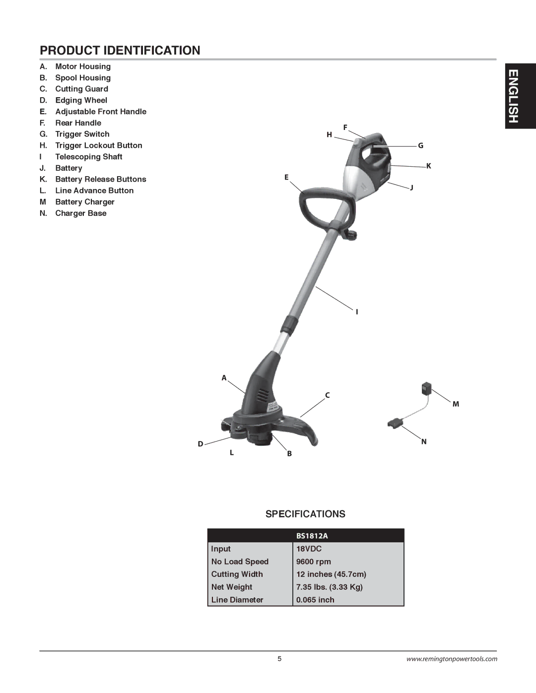 Remington Power Tools BS1812A owner manual Product Identification, Specifications 