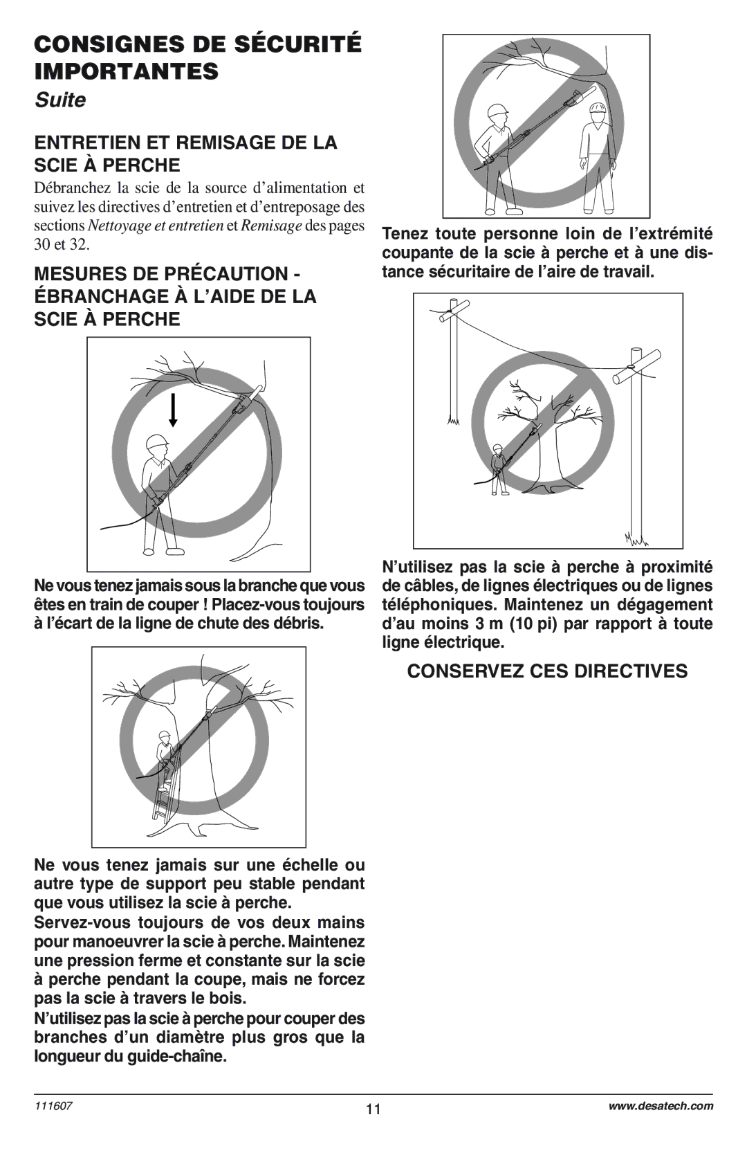 Remington Power Tools DPS-1: 111409-01 owner manual Entretien ET Remisage DE LA Scie Ë Perche, Conservez CES Directives 