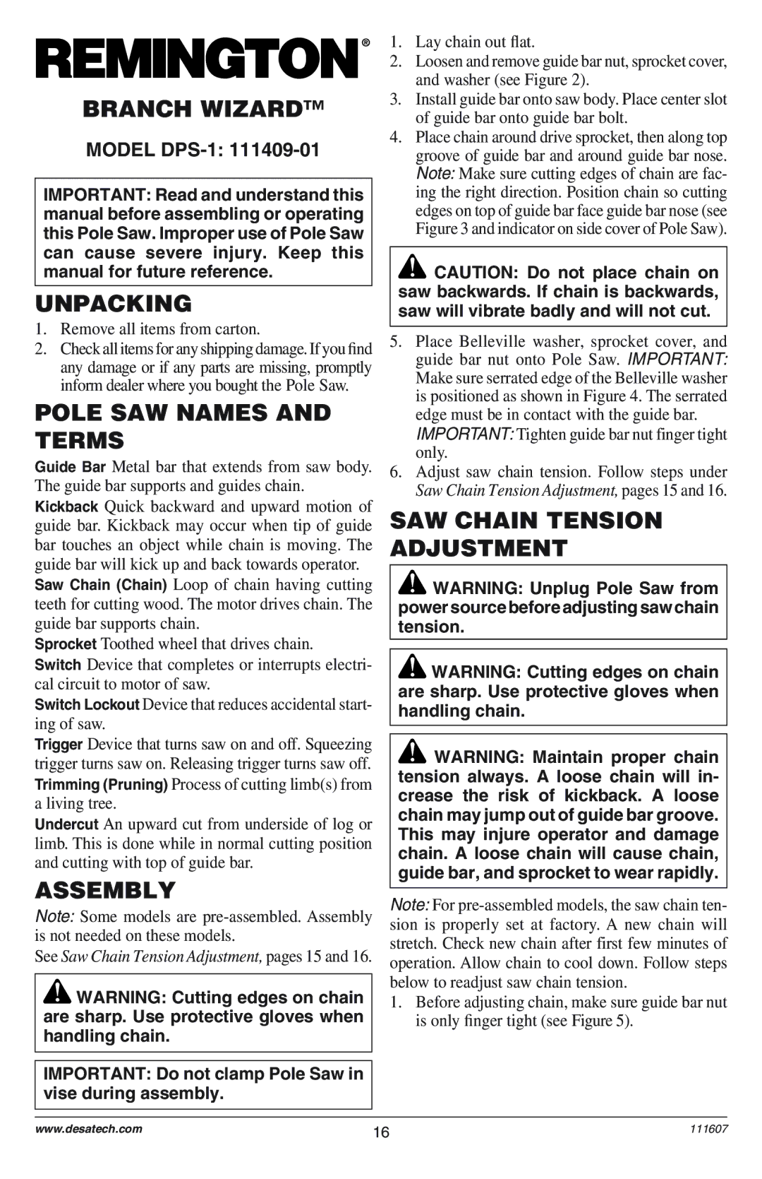 Remington Power Tools DPS-1: 111409-01 owner manual Branch Wizard, Unpacking, Pole SAW Names and Terms, Assembly 