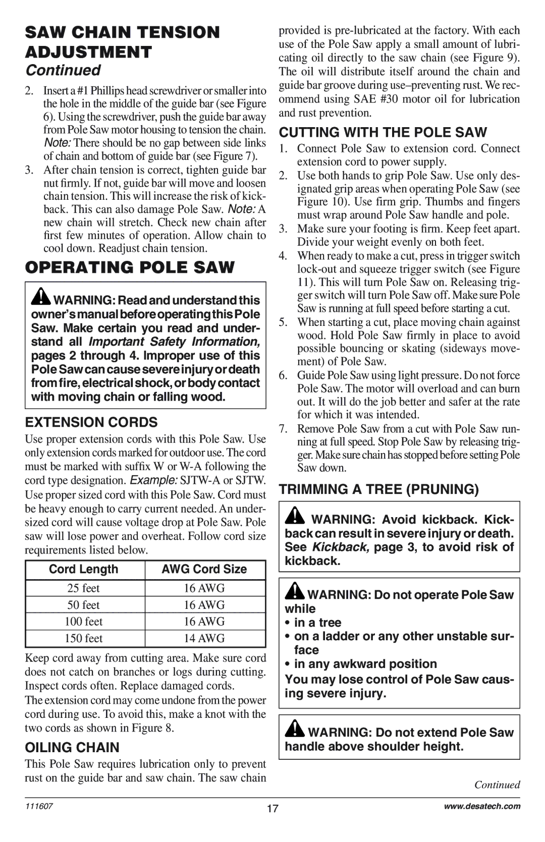 Remington Power Tools DPS-1: 111409-01 Operating Pole SAW, Extension Cords, Oiling Chain, Cutting with the Pole SAW 